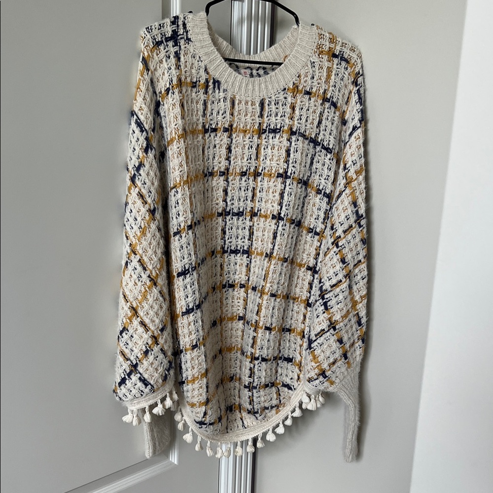Plaid Knit Poncho with Tassels